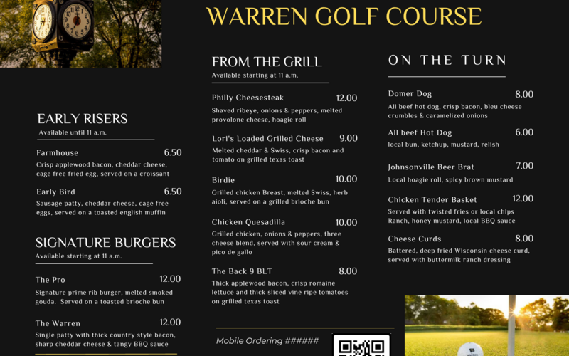 Warren Golf Course Printable Menu 2023