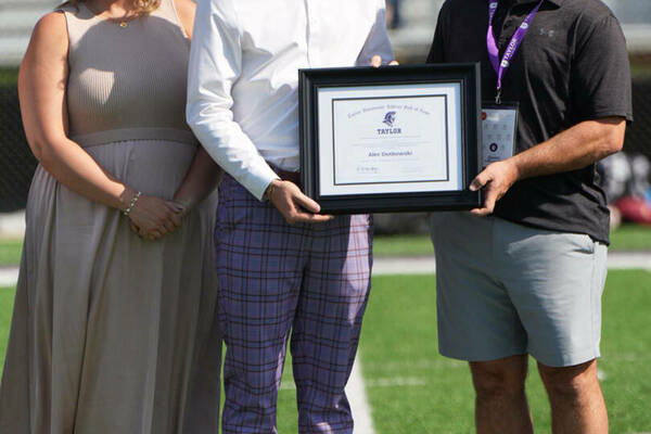 Alec Dutkowski hall of fame induction recognized on the football field at Taylor University, October 5, 2024
